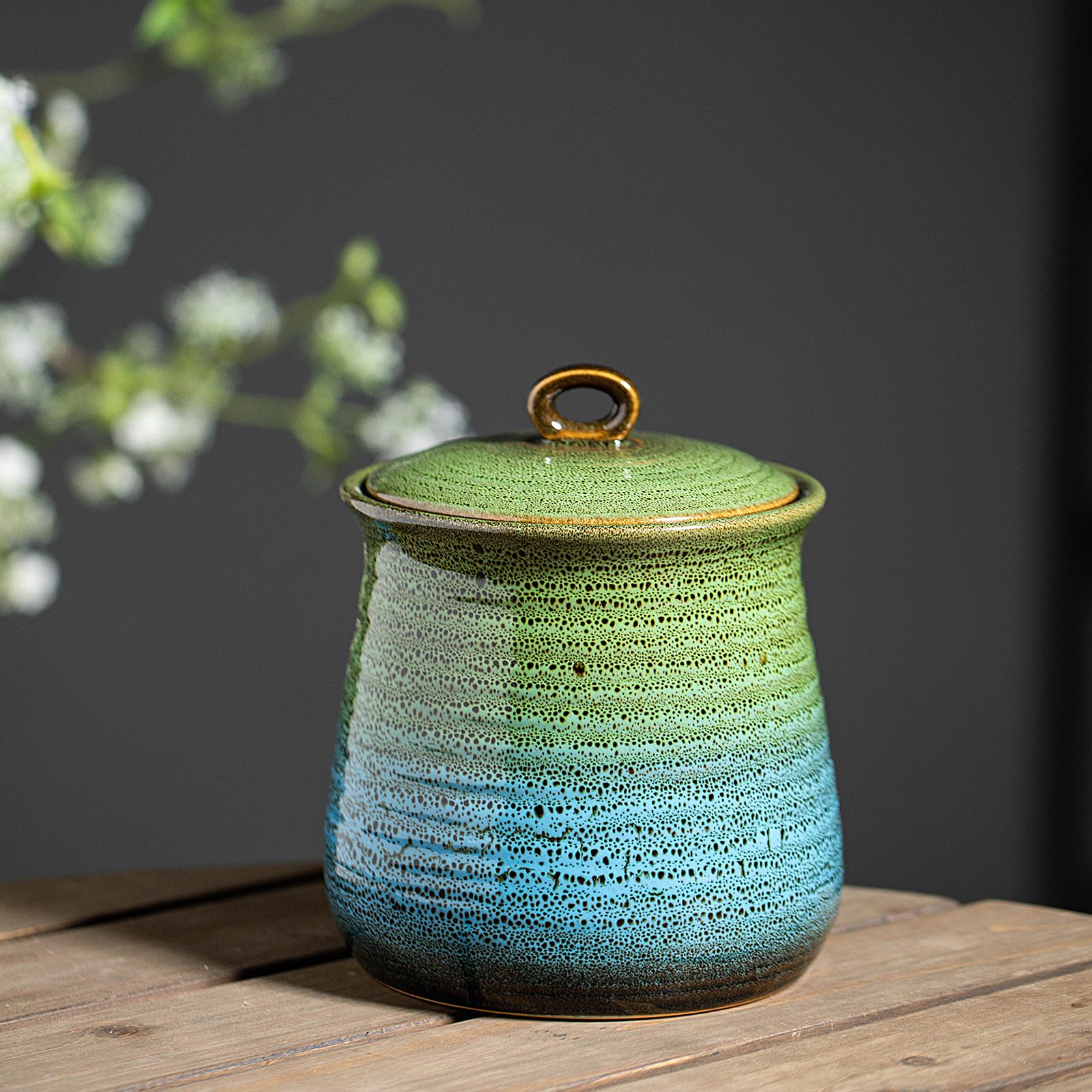 LGQ vibrant ceramic canister enhances kitchen organization and style.
