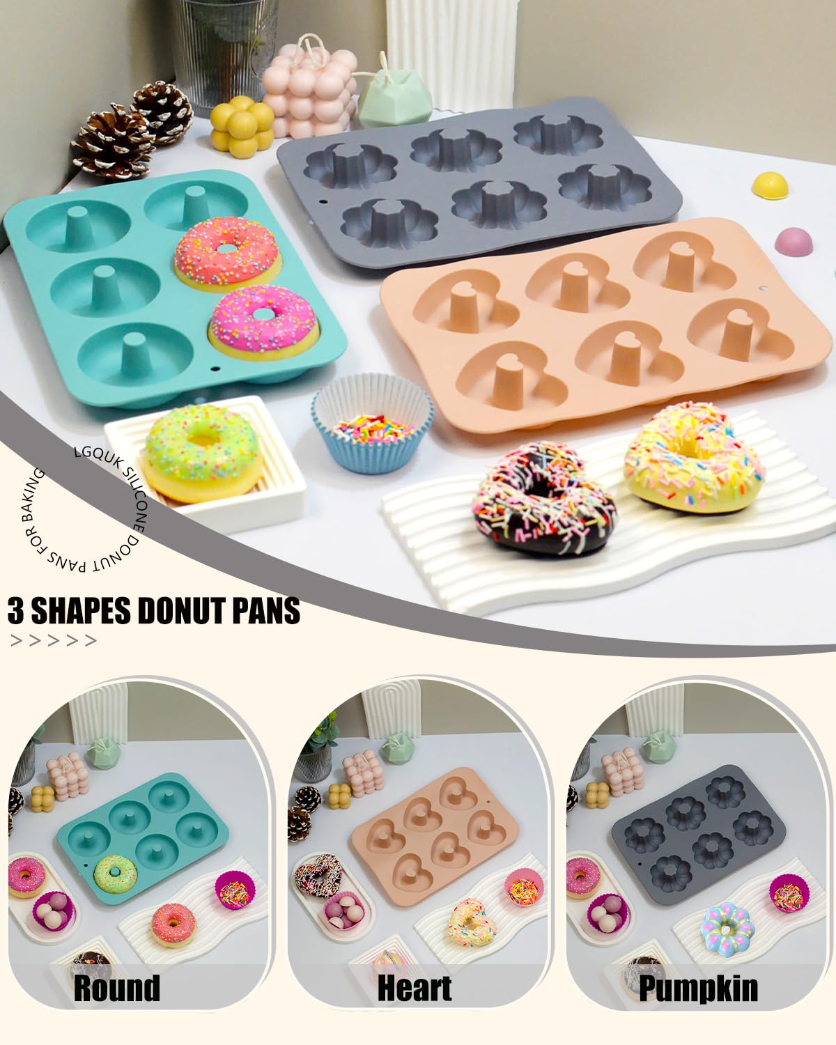 LGQUK silicone donut pan heart shape gray close-up highlights flexible non-stick surface.