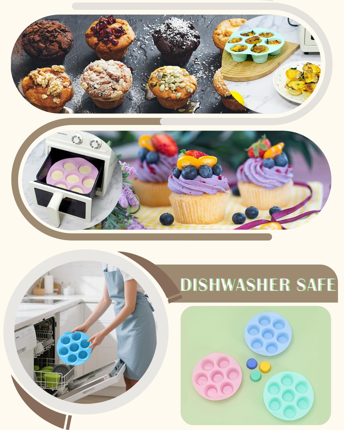 LGQUK dishwasher-safe silicone muffin pans simplify cleanup after baking.