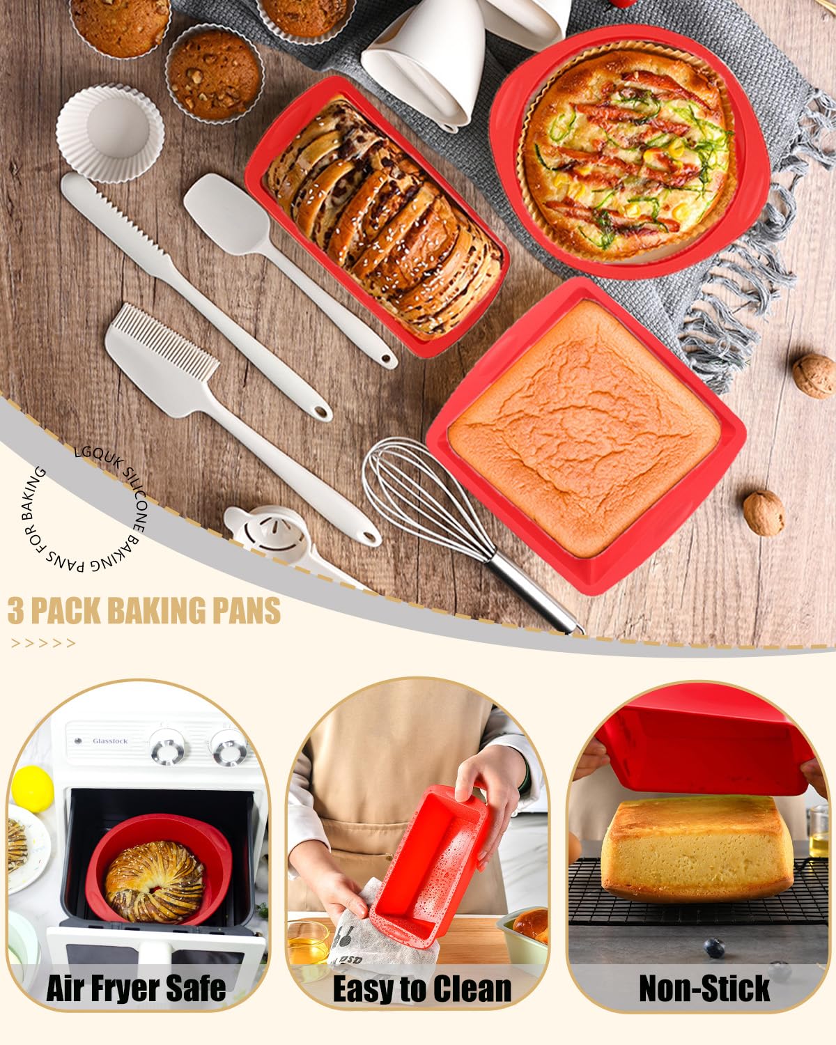 LGQUK silicone square cake pan for even heat and clean slices.