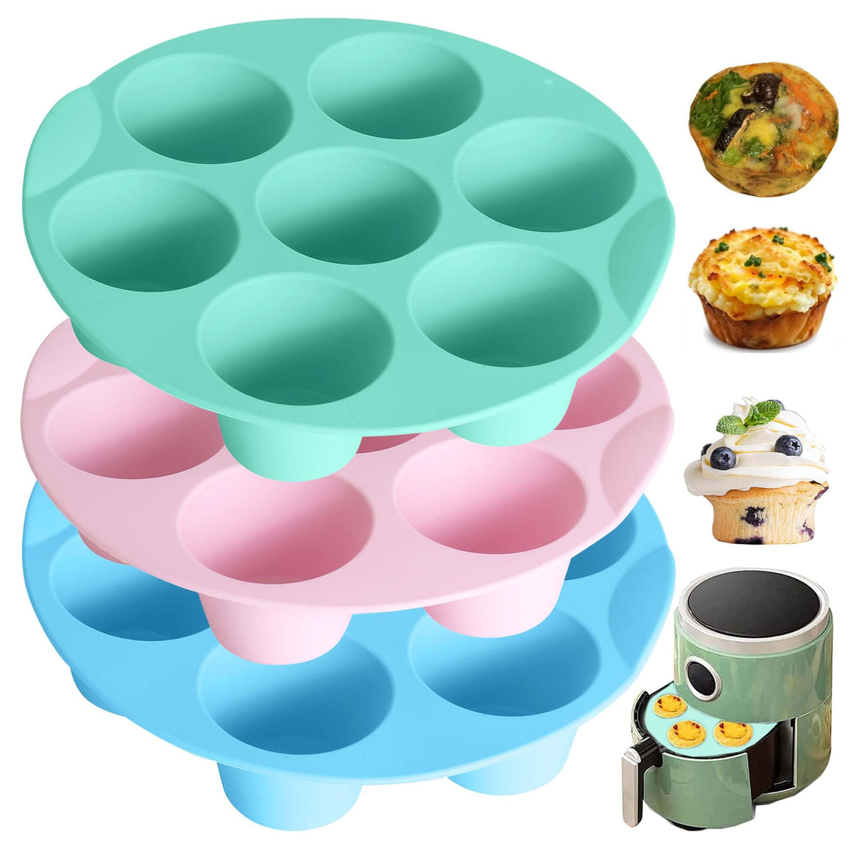 LGQUK silicone egg bite molds 7-cup set for air fryer, perfect for quick breakfasts.