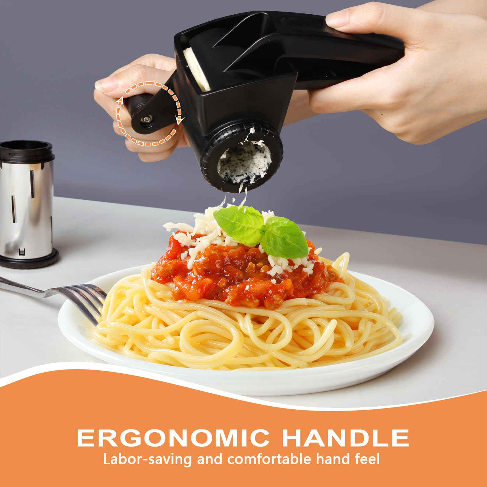 LHS Cheese Grater Hand Crank grating action demonstrates effortless cheese shredding.