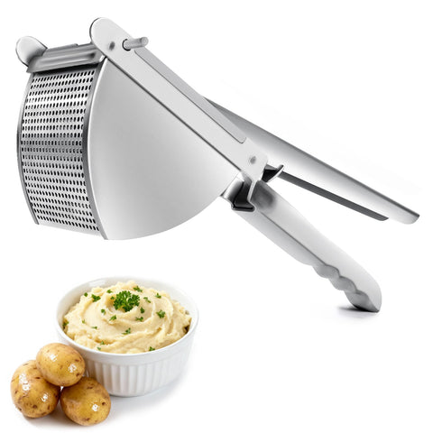LHS heavy duty potato ricer front view; sturdy stainless steel for reliable mashing.