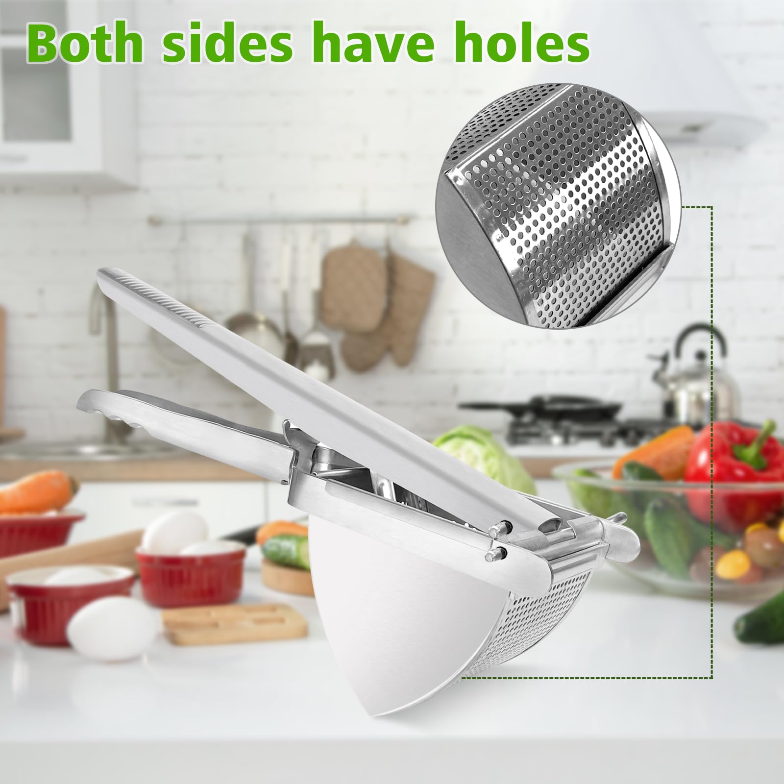 LHS heavy duty potato ricer in use for mashing potatoes with two-sided holes.