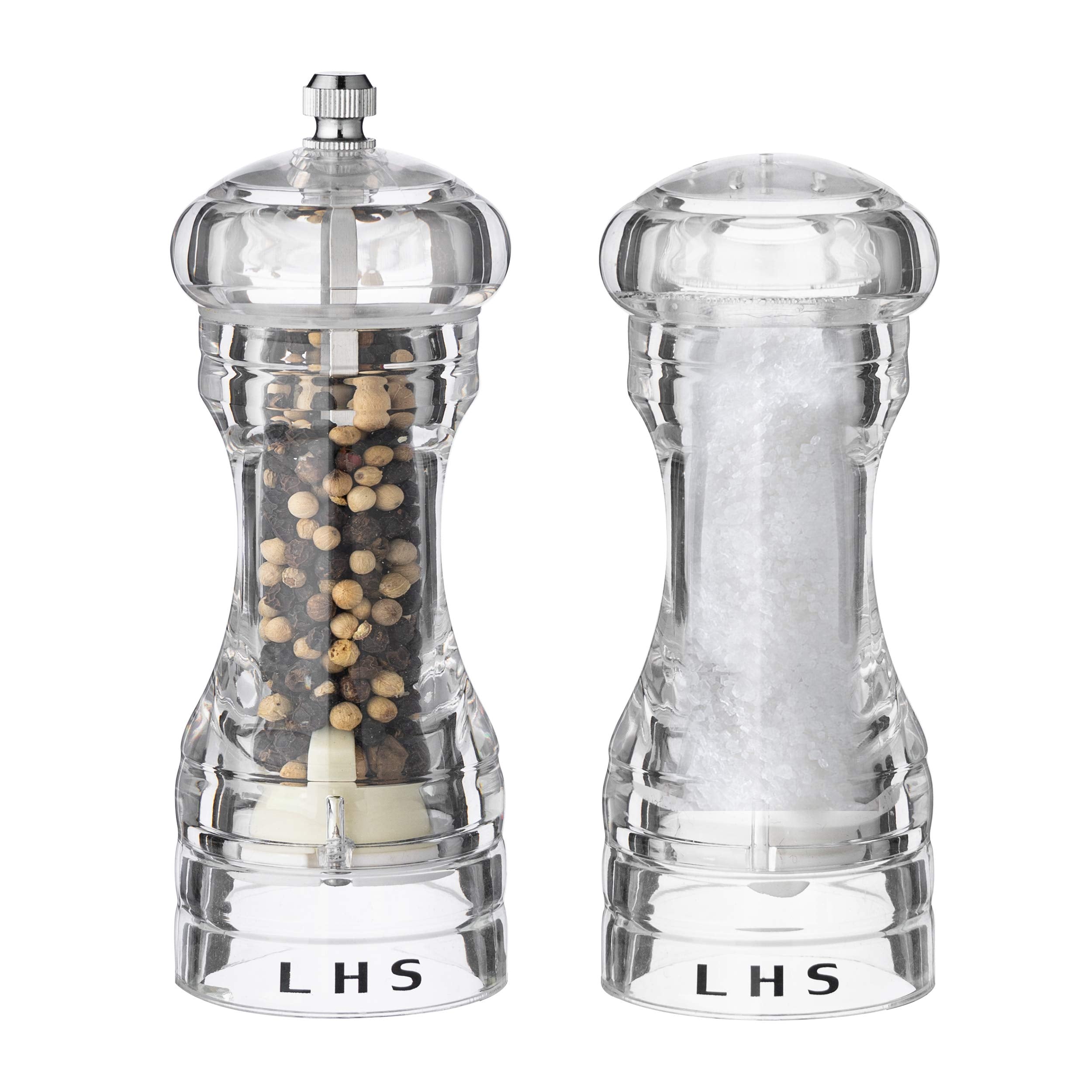 LHS pepper mill and salt shaker set with transparent body for easy spice monitoring