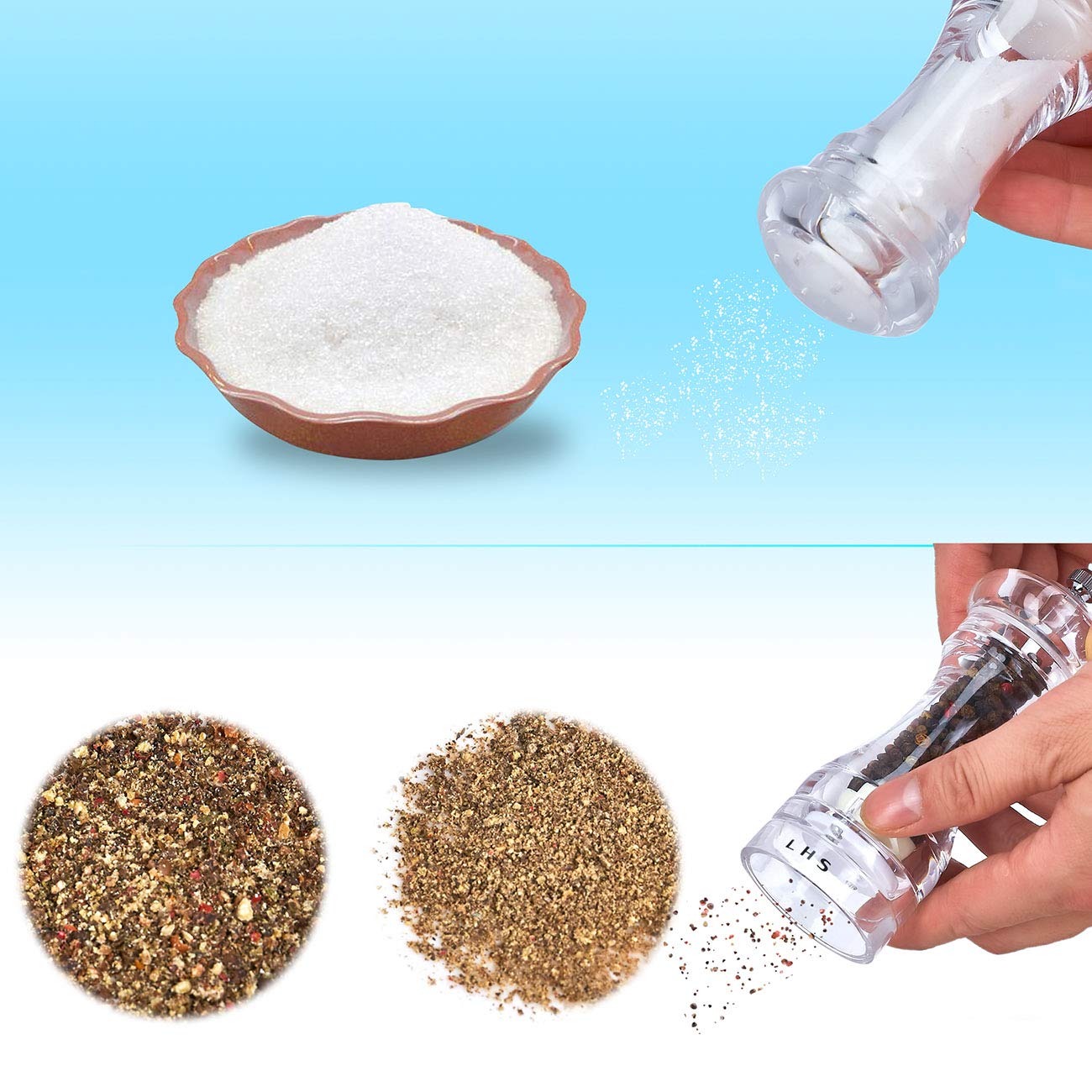 LHS pepper mill top nut adjusts coarseness for precise grinding