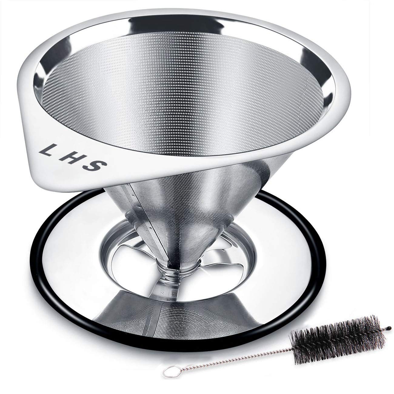 LHS pour over coffee dripper stainless steel filter showcases reusable filtration for a clean cup.