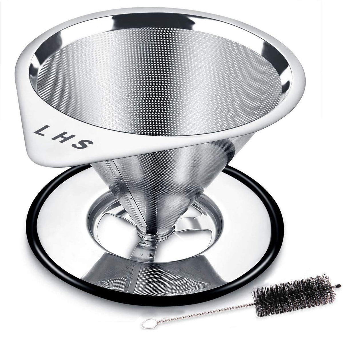LHS pour over coffee dripper stainless steel filter showcases reusable filtration for a clean cup.
