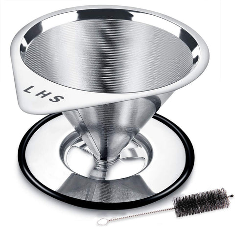 LHS pour over coffee dripper stainless steel filter showcases reusable filtration for a clean cup.