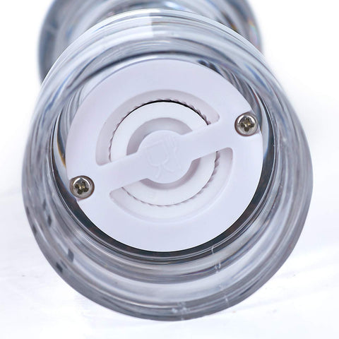 LHS salt shaker clear acrylic body shows remaining salt