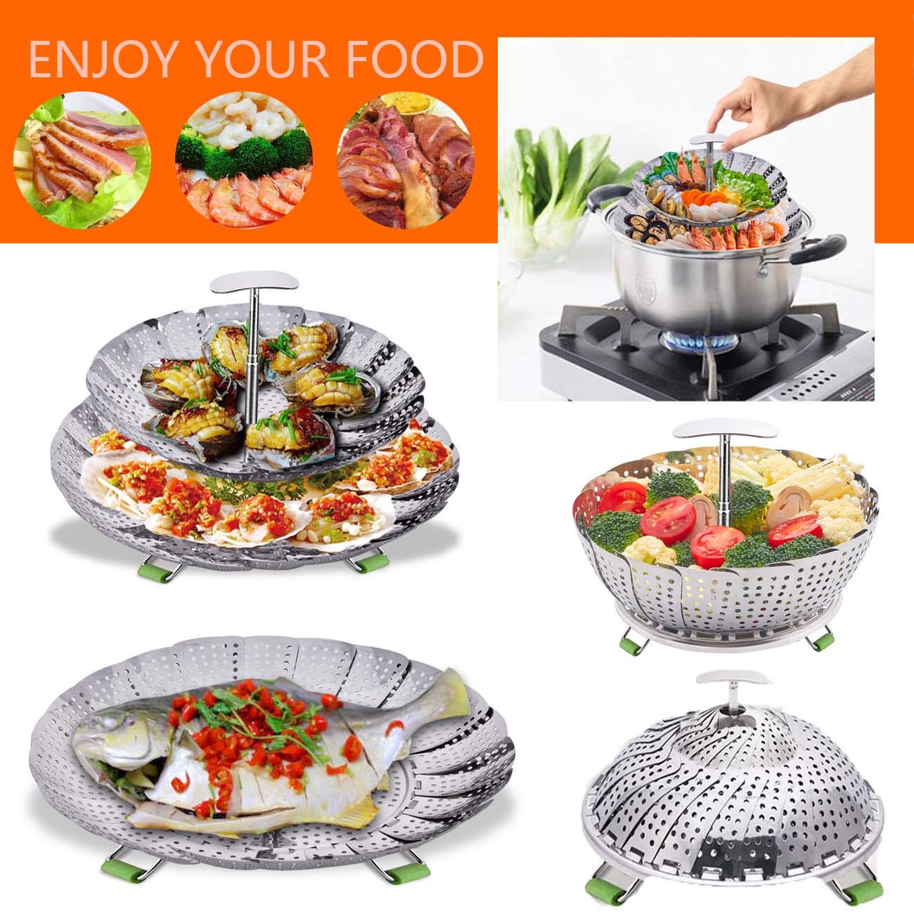 LHS Steamer Basket expands from 7.5 to 11.4 inches to fit pots