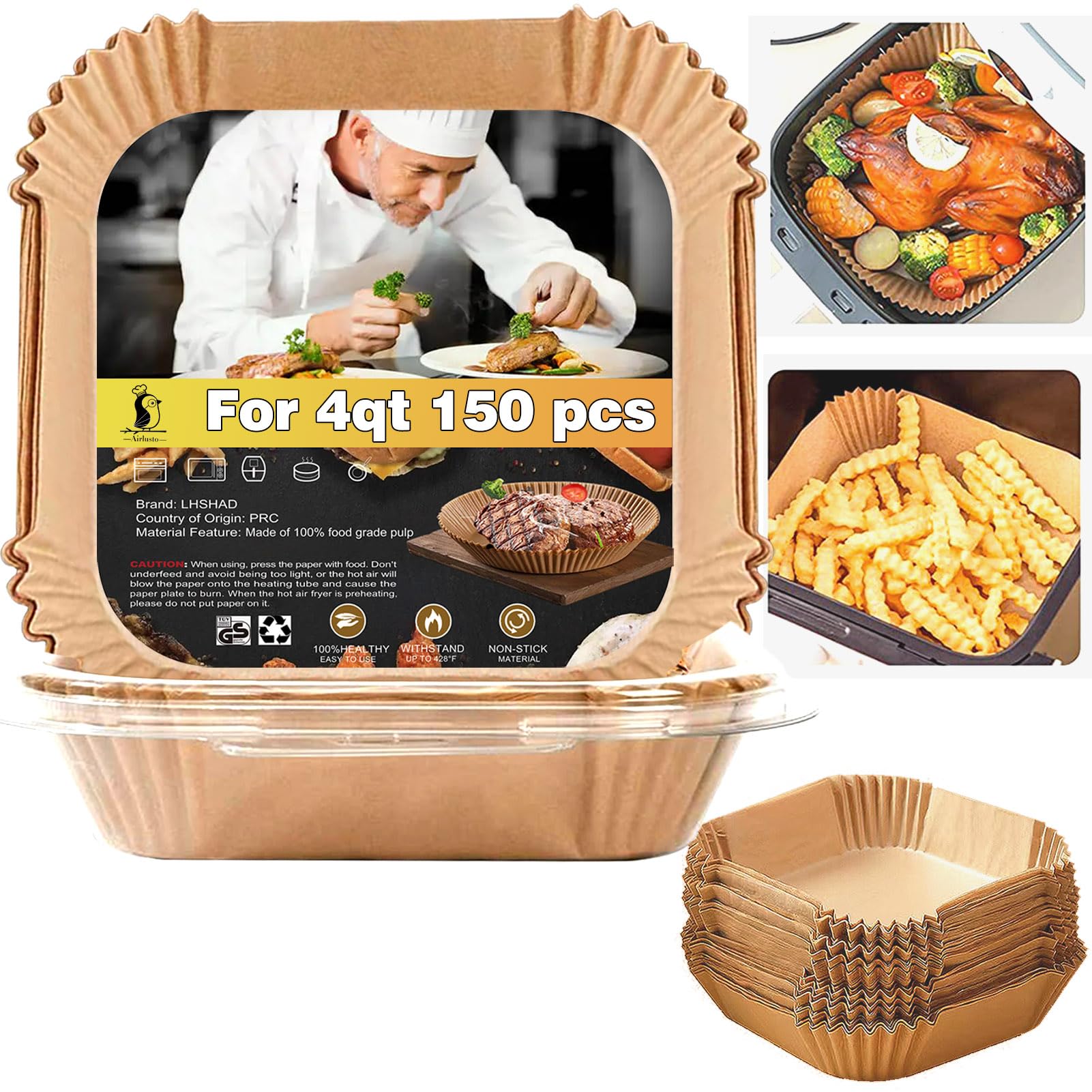 LHSHAD 4QT air fryer liner, square top view, fits 4-5 qt baskets for easy cooking.