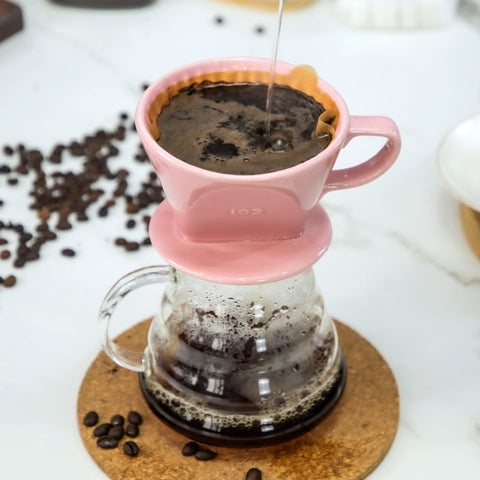 LHUKSGF pink ceramic dripper—flat bottom cone enhances clarity and balanced extraction over mugs.