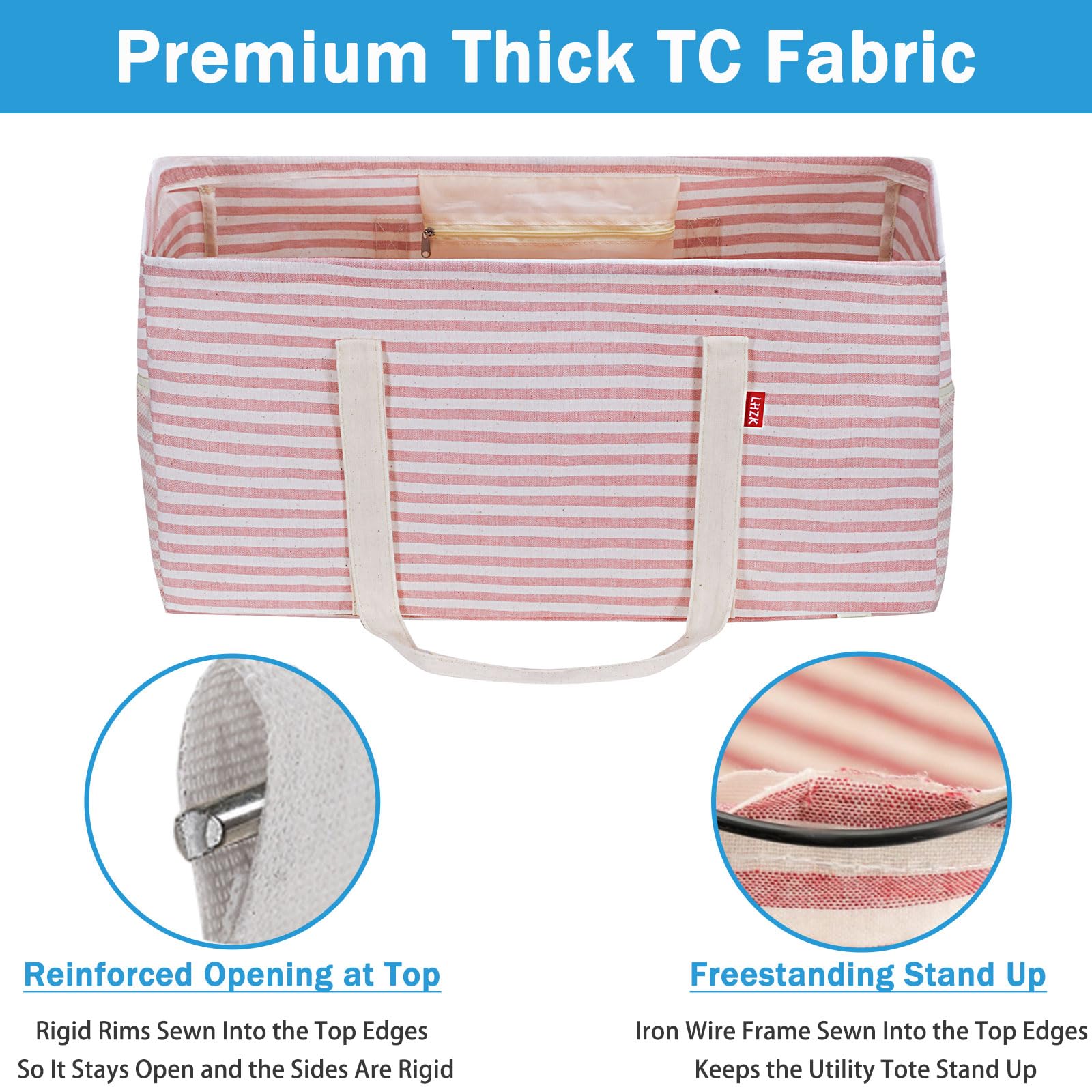 LHZK utility tote with reinforced metal wire frame for rigid sides.