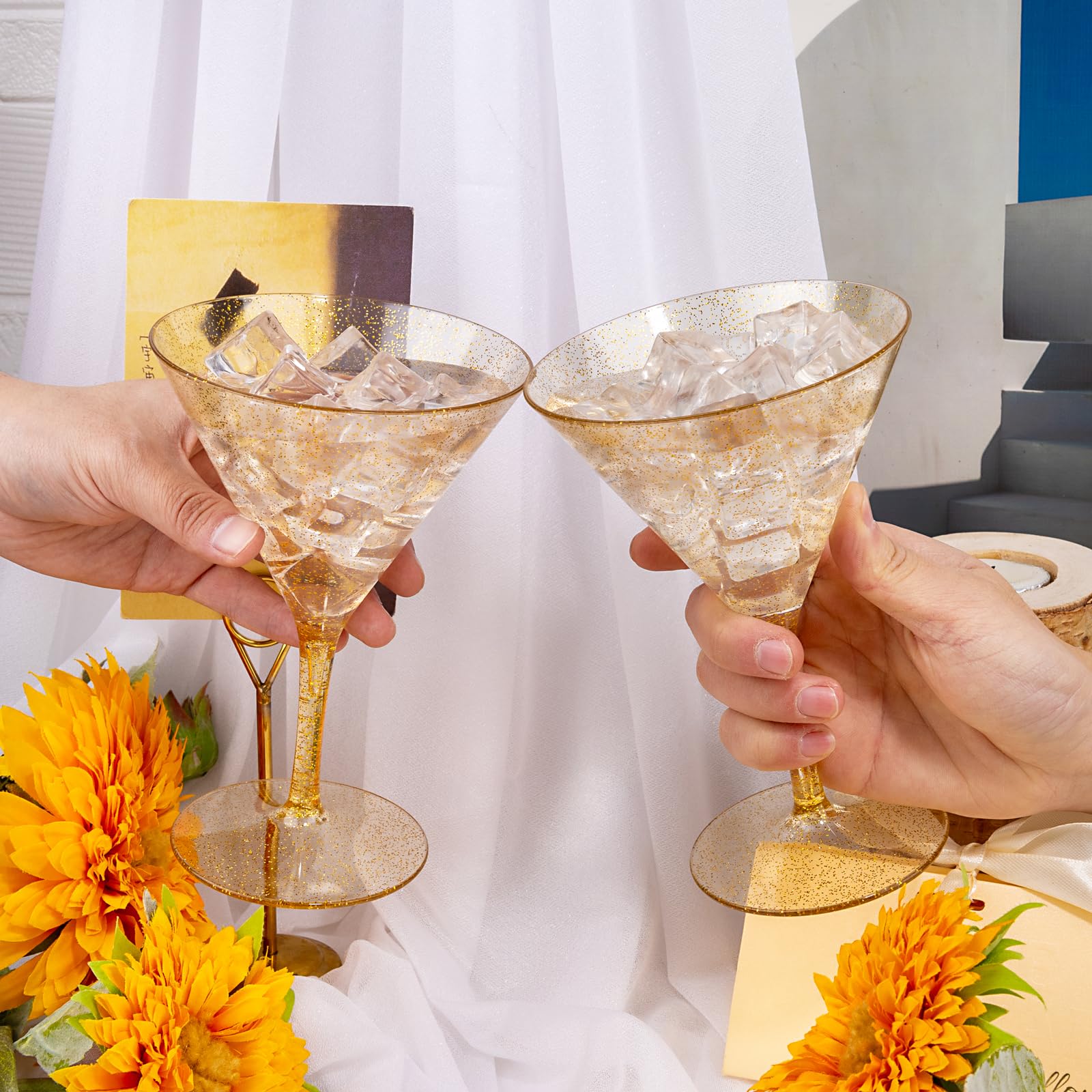 Liacere art deco style martini glasses gold glow enhances upscale cocktail hour.