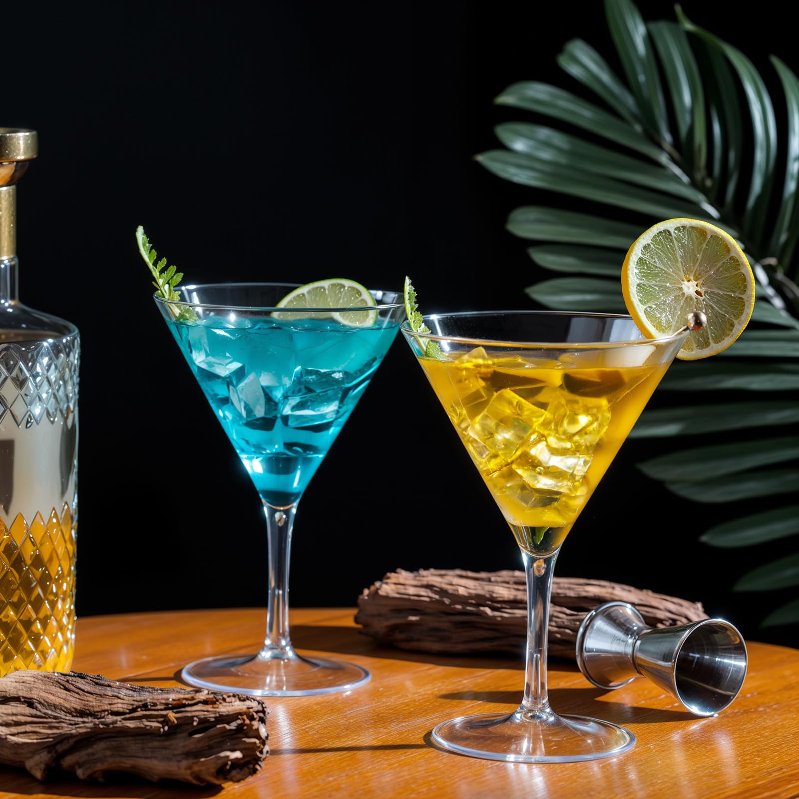 Liacere stemmed plastic martini glasses add chic bar-ready presentation.
