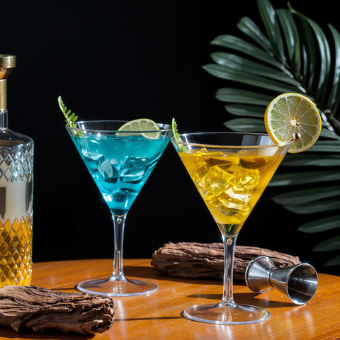 Liacere stemmed plastic martini glasses add chic bar-ready presentation.