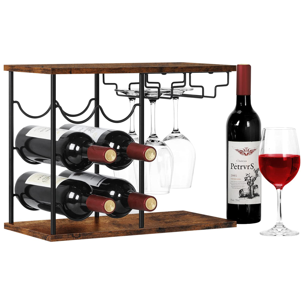 LIANTRAL countertop wine rack displaying six bottles and four glasses for organized entertaining