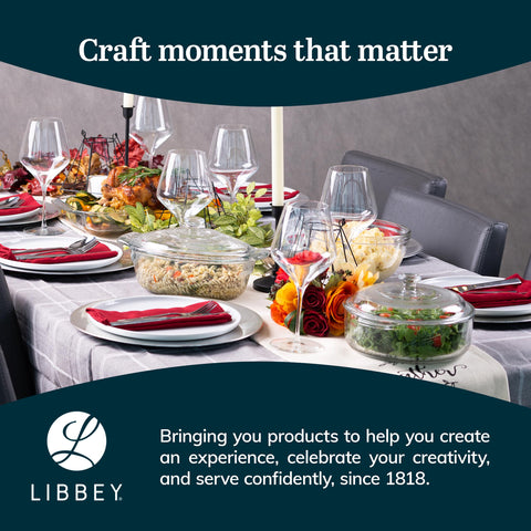 Libbey Baker's Basics glass bakeware safe for microwave and freezer use.