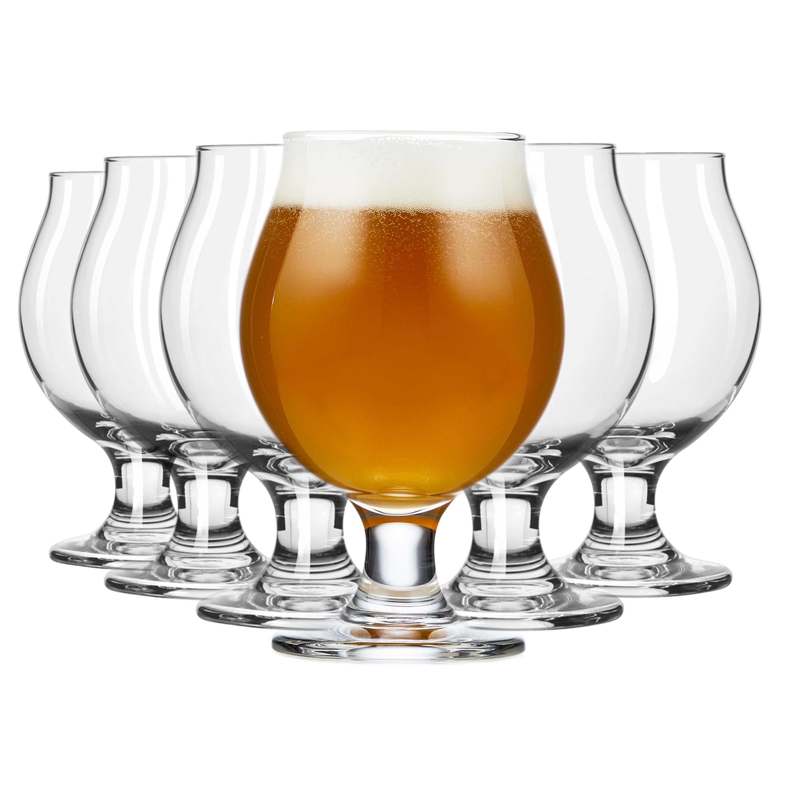 Libbey Belgian beer glasses show 13 oz tulip shape for rich aroma and head retention.