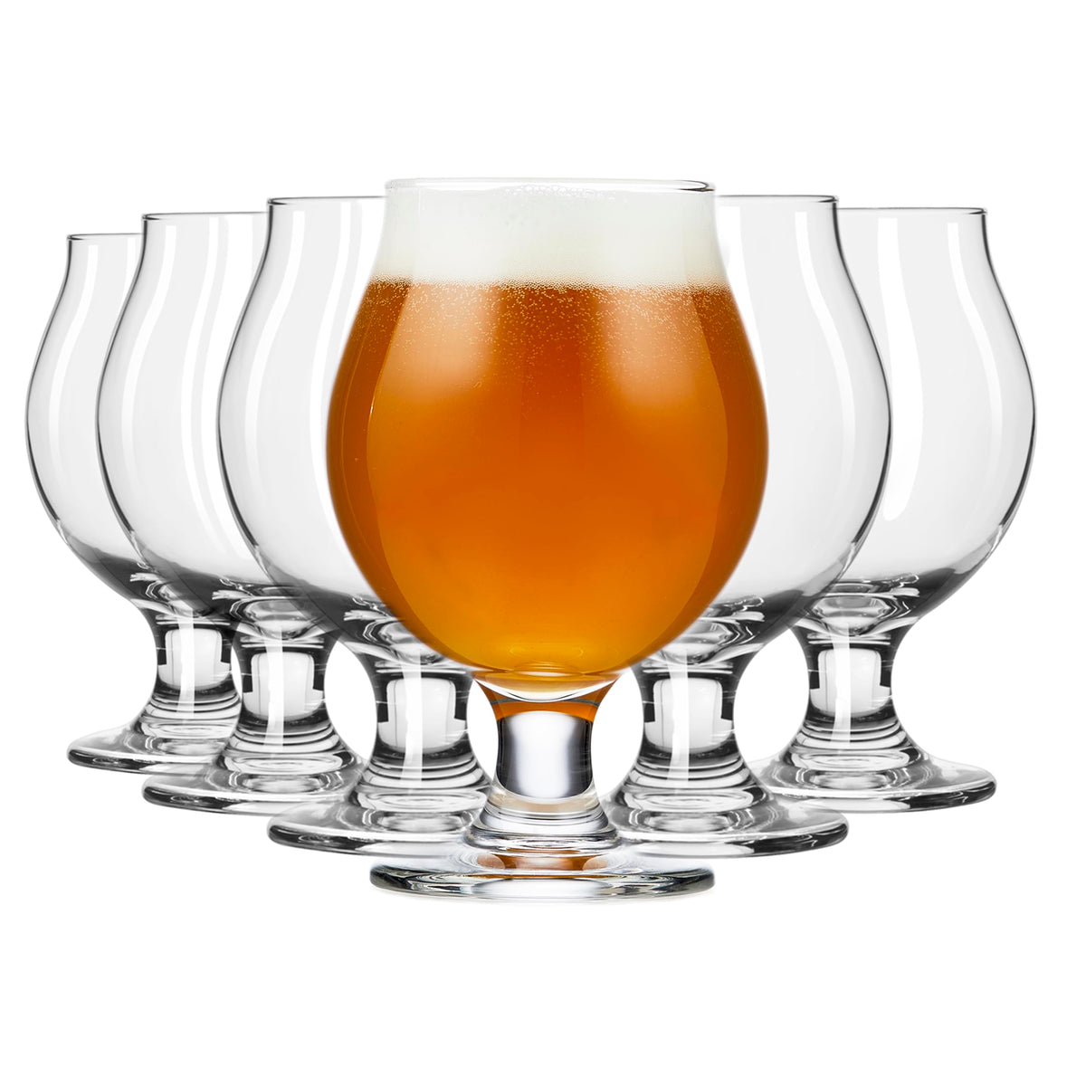 Libbey Belgian beer glasses show 13 oz tulip shape for rich aroma and head retention.