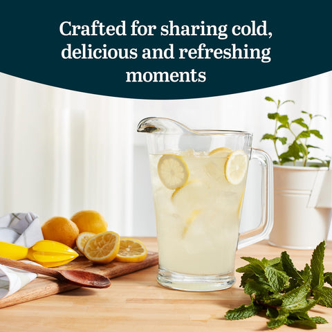 Libbey classic glass pitcher showcases tapered design and stable base for confident pouring.