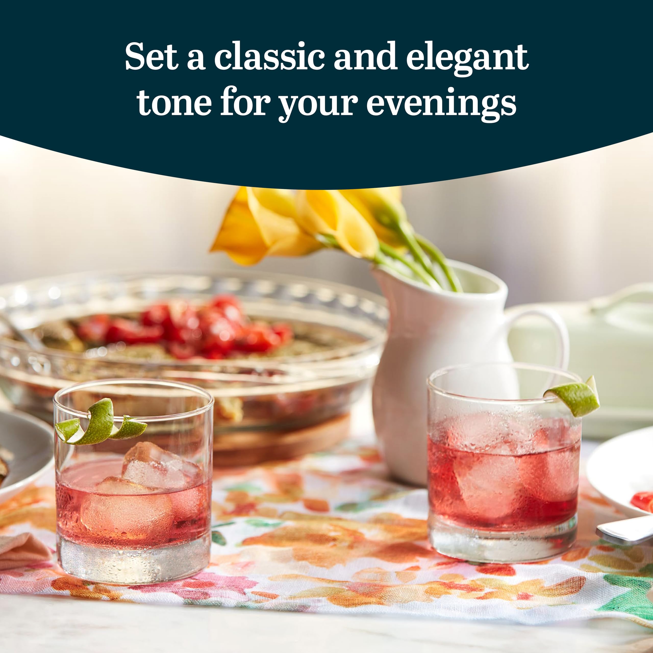 Clear Libbey rocks glasses with straight lines for elegant cocktails.