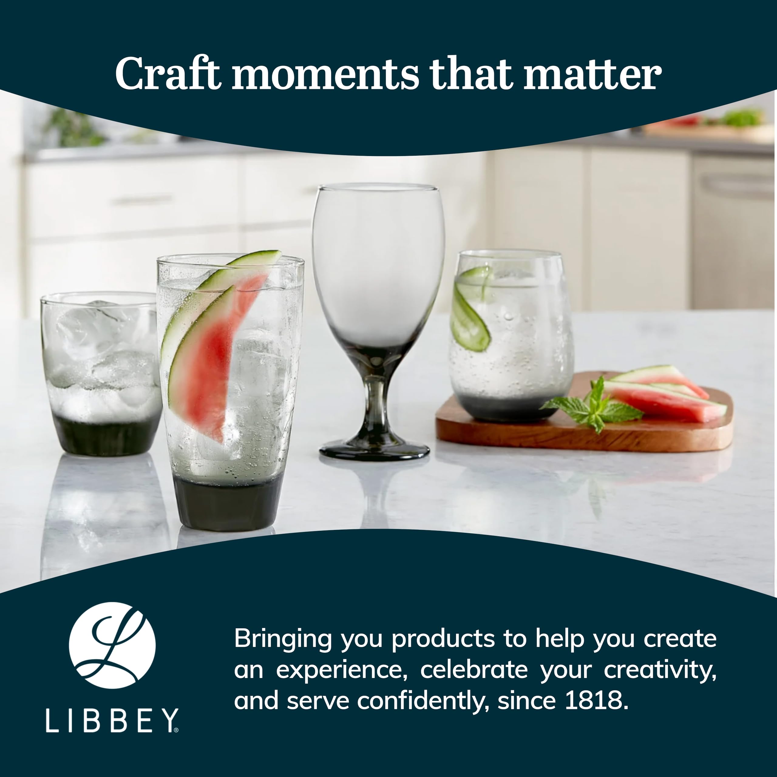 Smoked glass tumblers add a sophisticated touch for hosting casual evenings