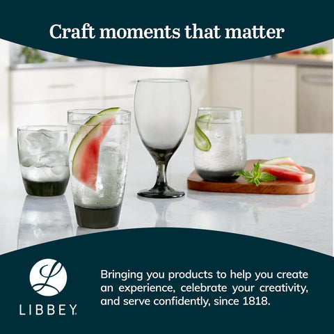 Smoked glass tumblers add a sophisticated touch for hosting casual evenings