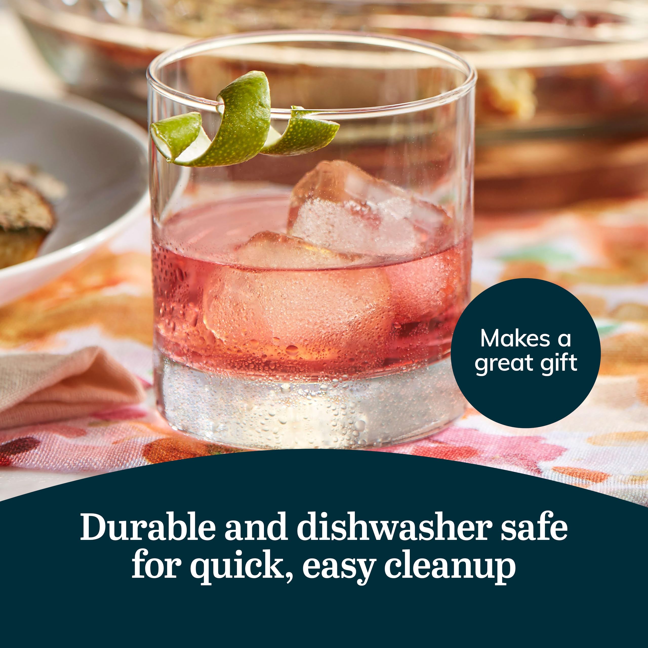 Durable, freezer-safe glasses keep clarity during everyday use.