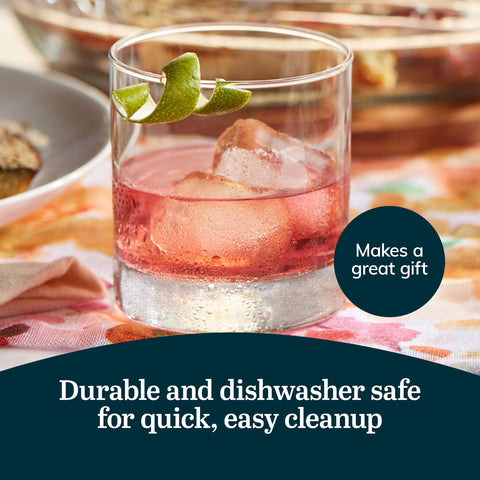 Durable, freezer-safe glasses keep clarity during everyday use.