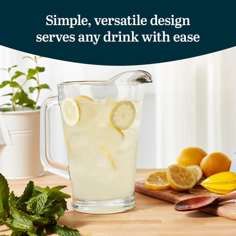 Libbey water pitcher with clear glass and sturdy handle for everyday use.