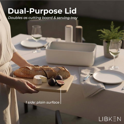 LIBKEN Bread Box lid with air holes promotes airflow to preserve texture.