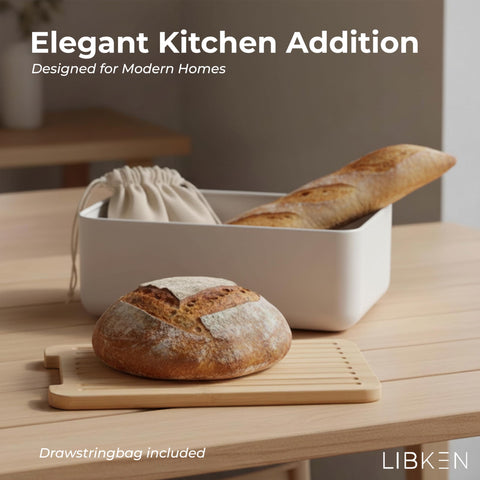 LIBKEN Bread Box bamboo lid cutting board enables quick slicing while keeping bread fresh.