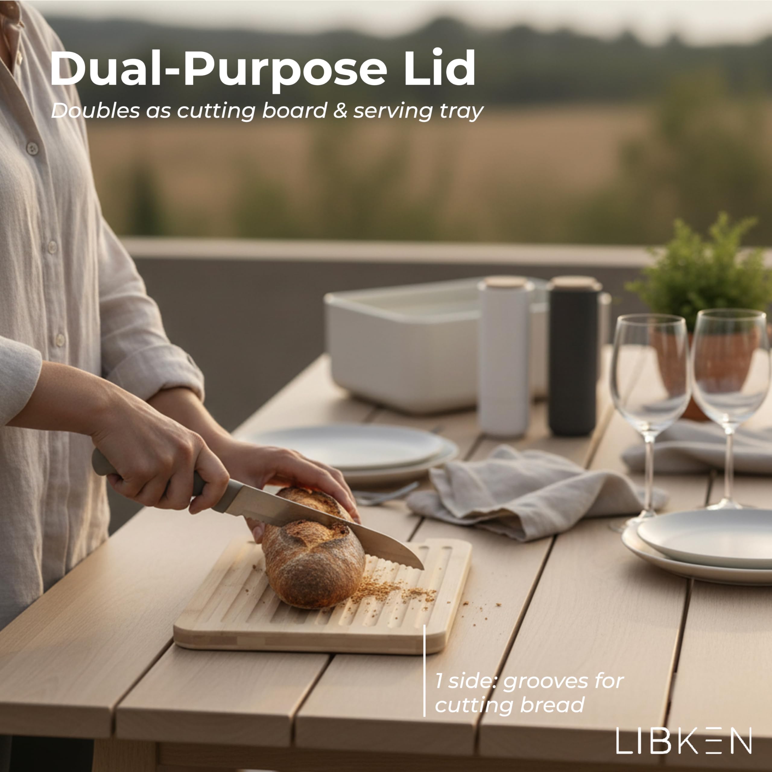 LIBKEN Bread Box on a countertop with warm grey finish complements modern kitchens.