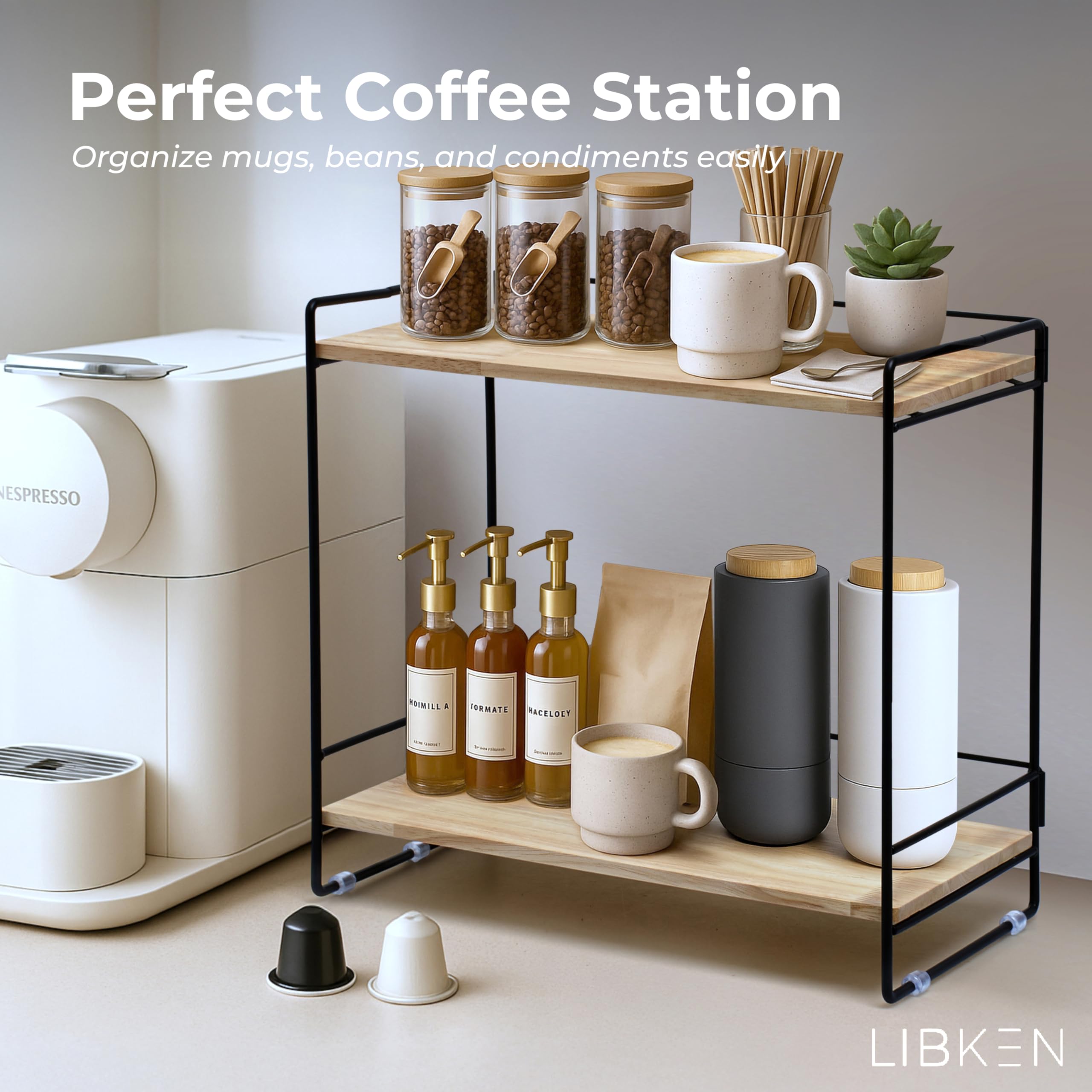 LIBKEN coffee bar rack with detachable back rails detail for stability and versatility.