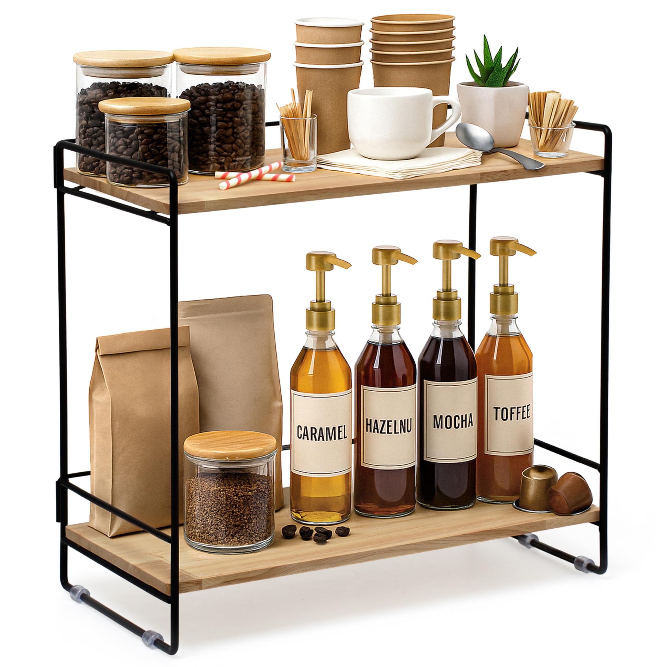 LIBKEN coffee bar rack front view with two-tier shelves and black frame for organized coffee station.