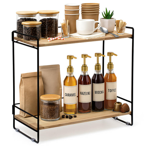 LIBKEN coffee bar rack front view with two-tier shelves and black frame for organized coffee station.