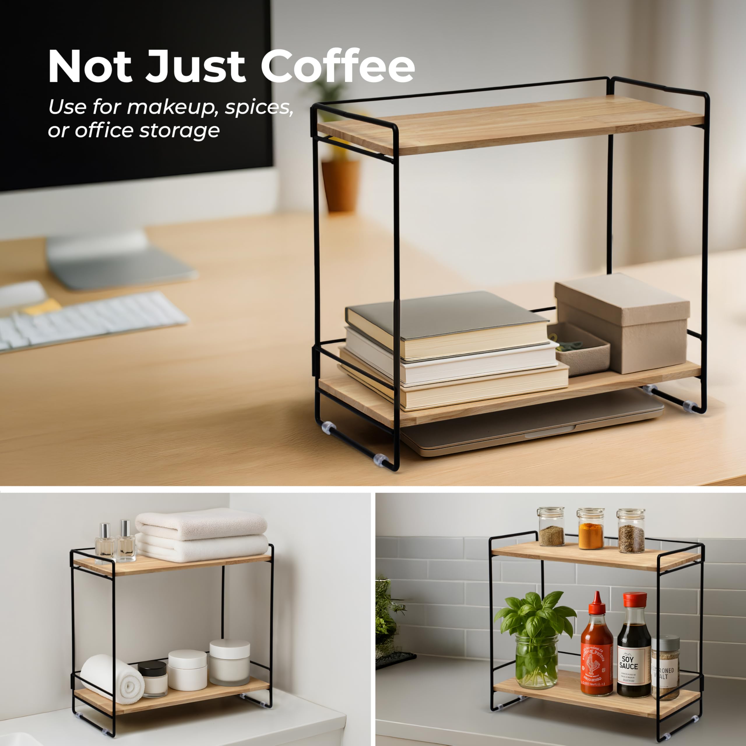 LIBKEN tea and snacks stored on two-tier rack on countertop.