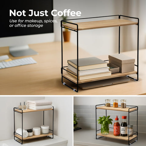 LIBKEN tea and snacks stored on two-tier rack on countertop.