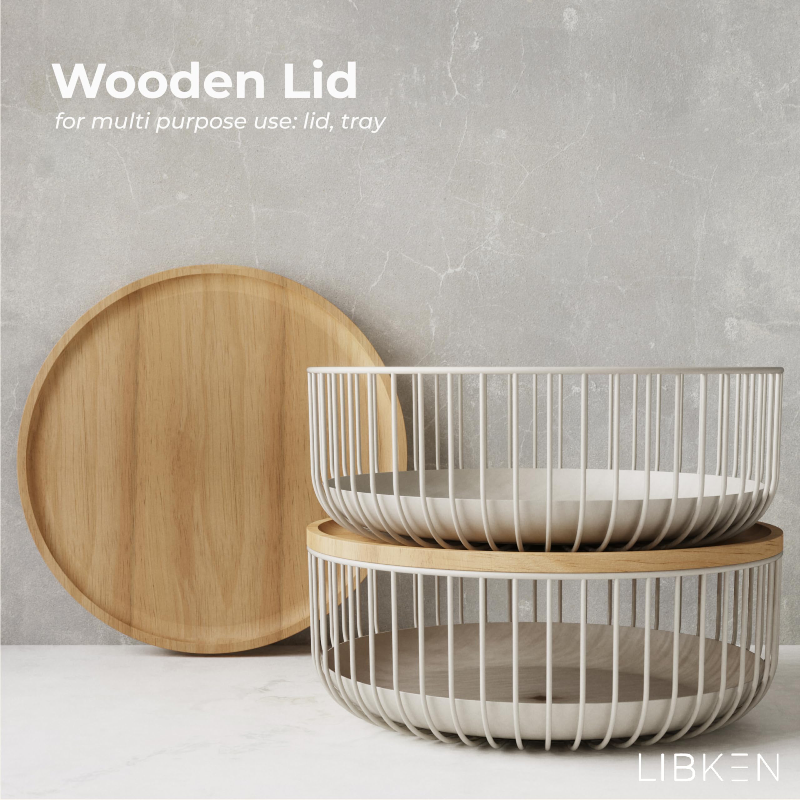 LIBKEN fruit basket top view with wooden lid highlighting compact storage design