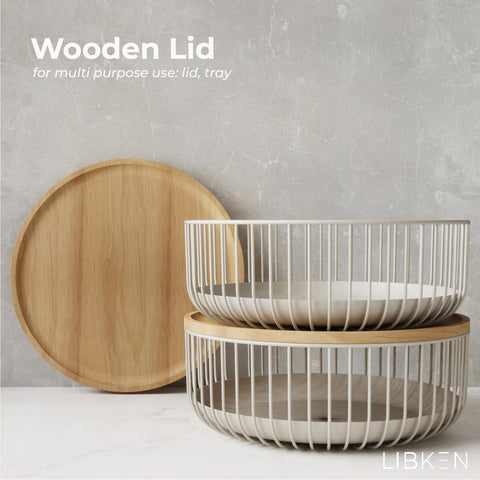 LIBKEN fruit basket top view with wooden lid highlighting compact storage design