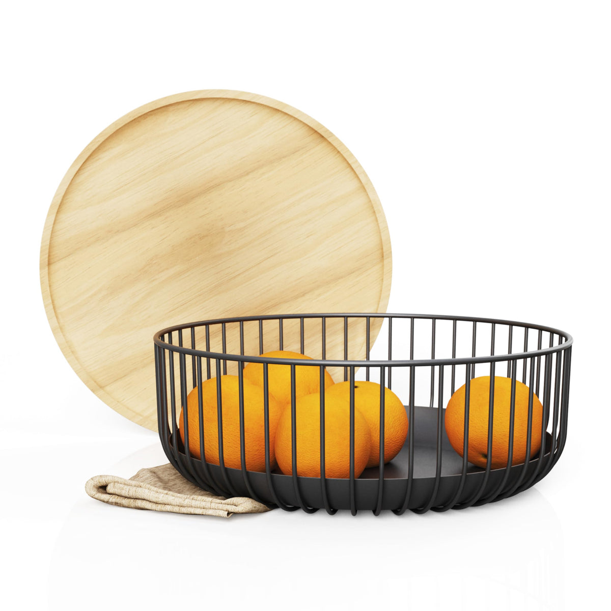 LIBKEN fruit basket with wooden bamboo lid on counter keeps fruit organized and stylish.