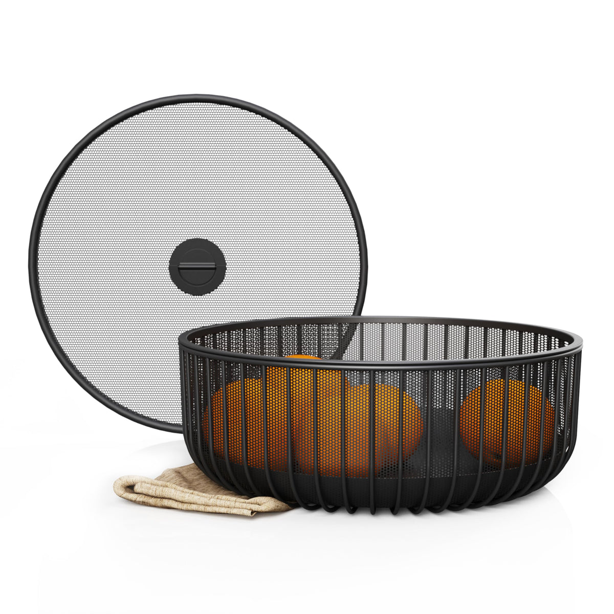 LIBKEN metal fruit bowl with mesh lid on the counter keeps produce fresh.