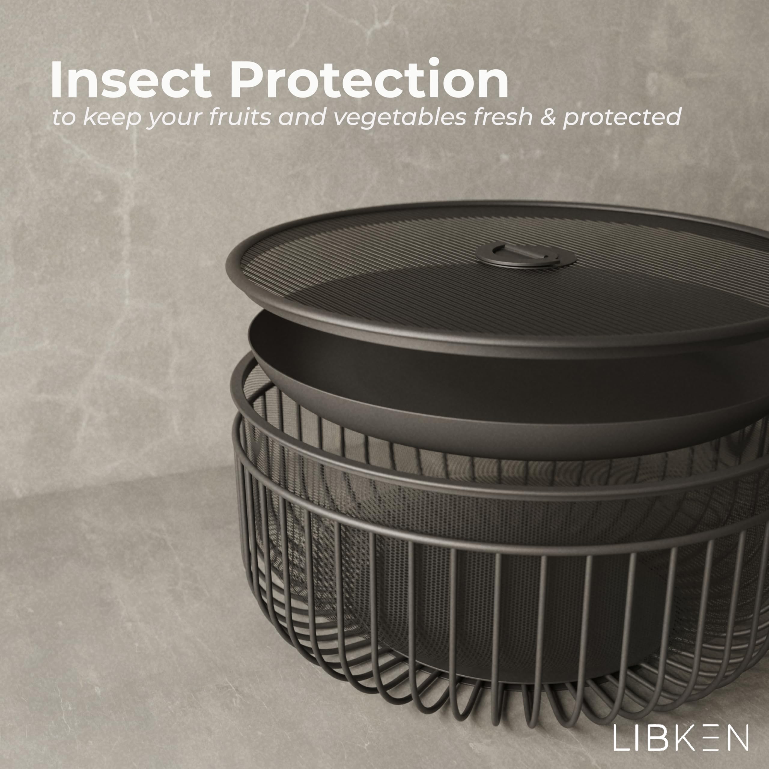 LIBKEN black wire basket with mesh lid for breathable, dust-free storage.