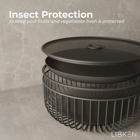 LIBKEN black wire basket with mesh lid for breathable, dust-free storage.
