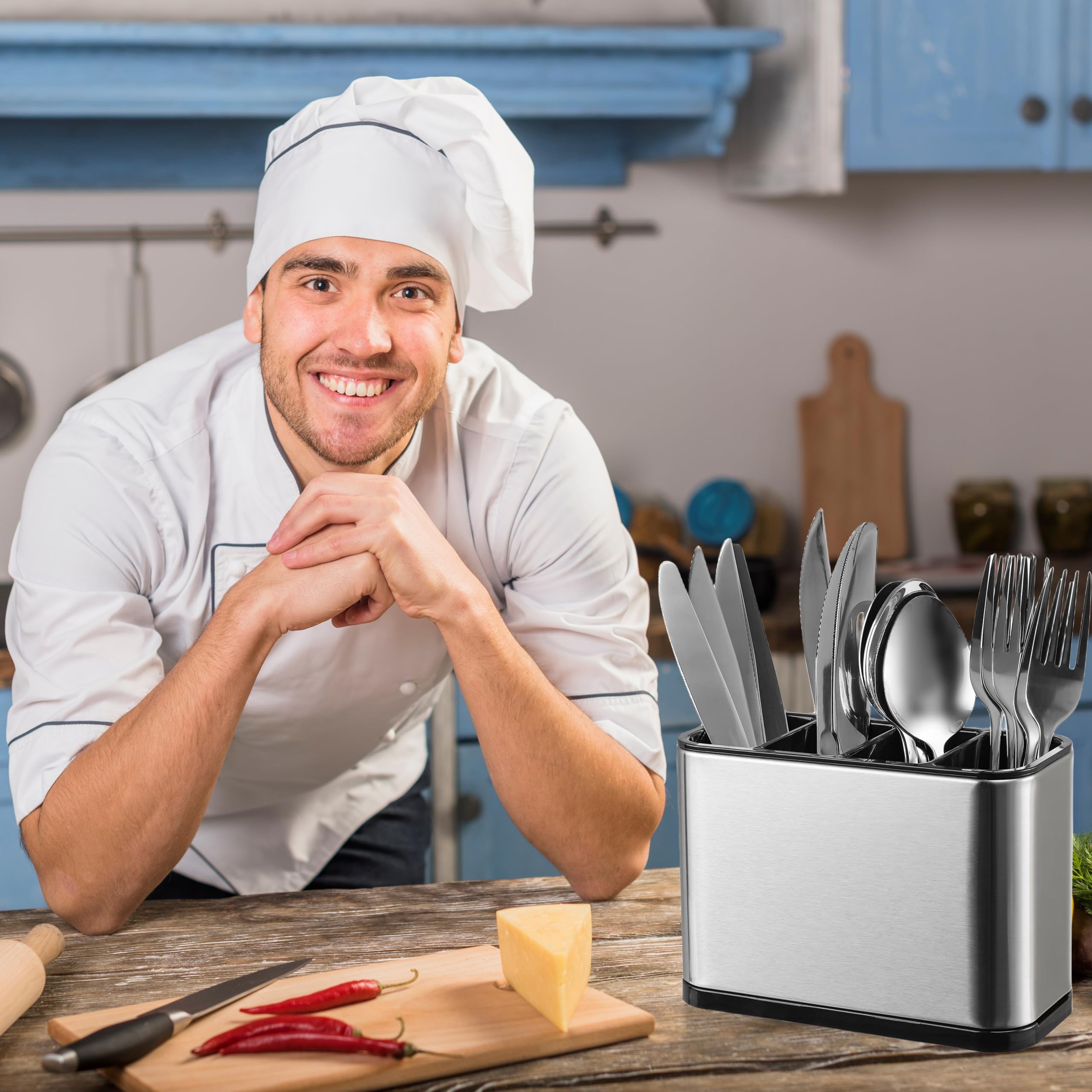 LIBODOUR silverware caddy on the counter enables quick access during meal prep.