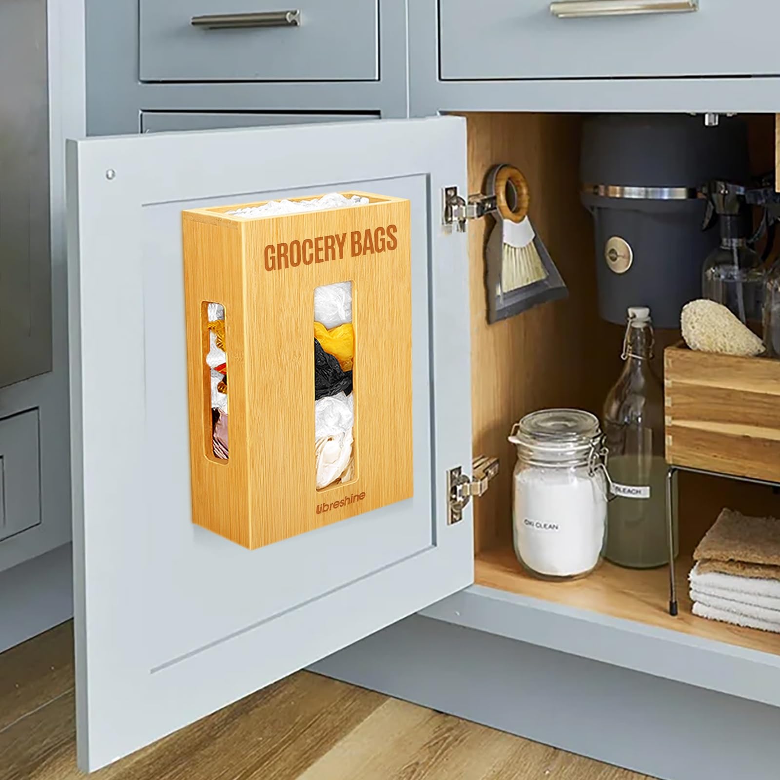 Libreshine bamboo bag dispenser wall mounting for clutter-free kitchen.