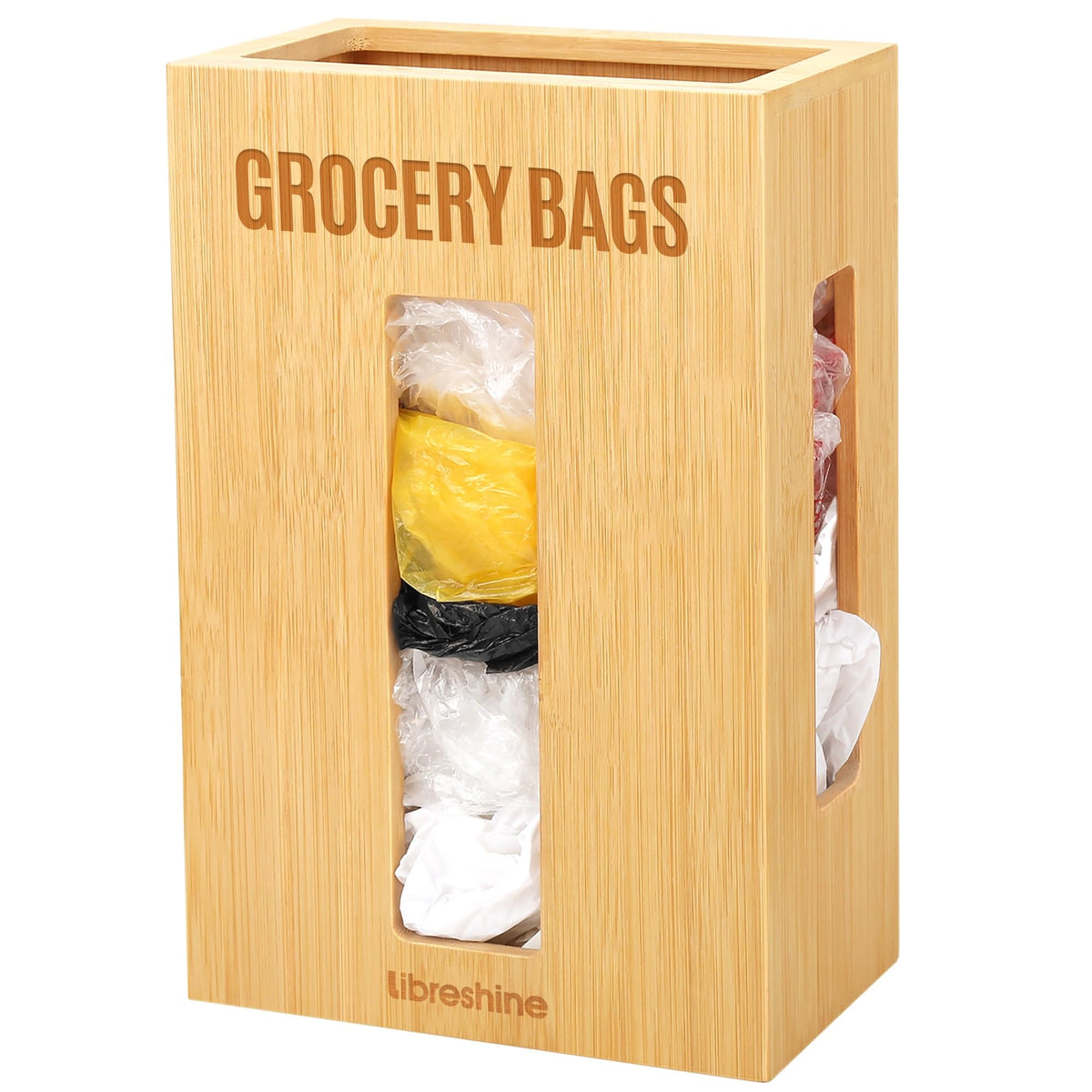 Libreshine bamboo bag holder under sink with wide opening for easy access.