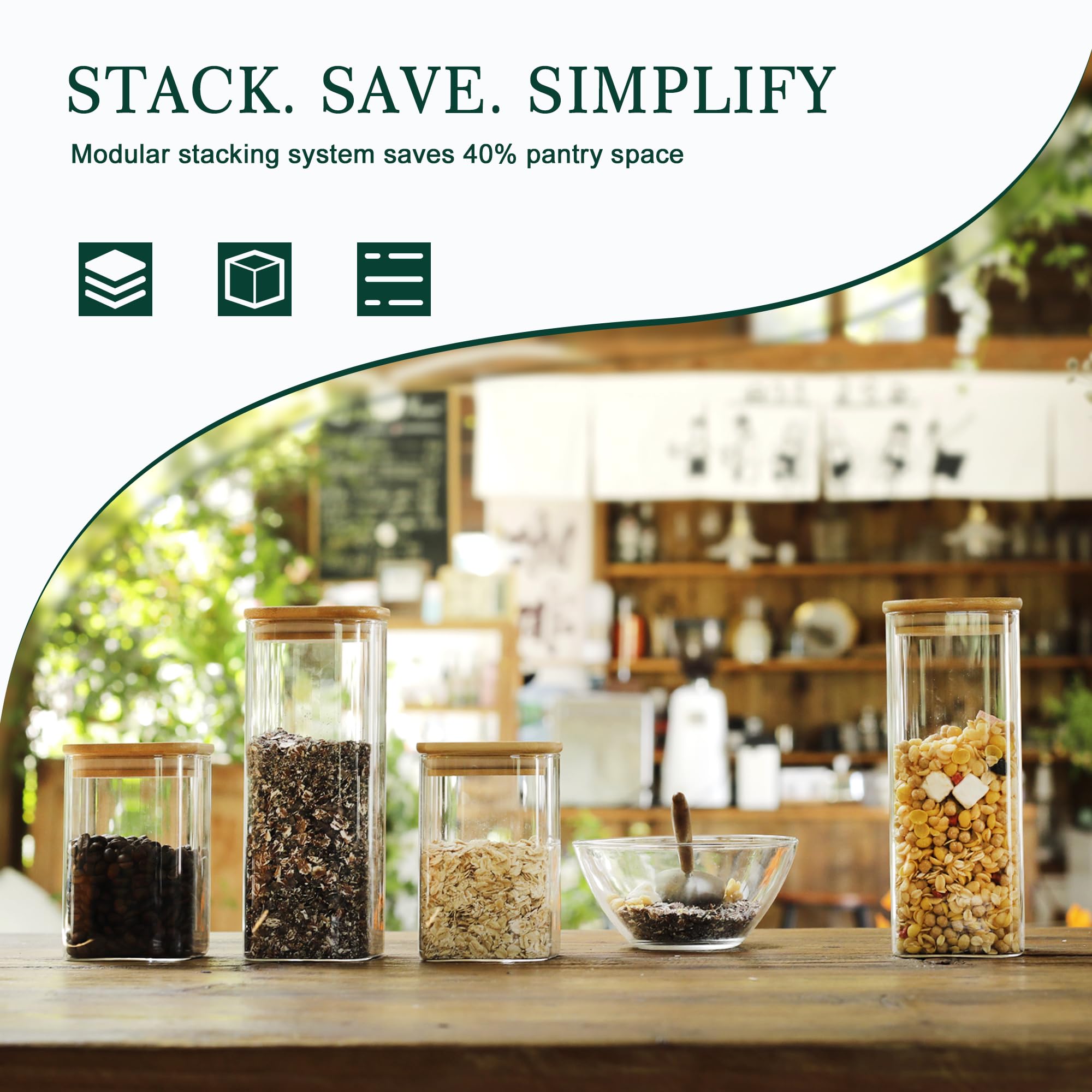 LIBWYS square glass jar with bamboo lid 1.06qt, on-shelf display.